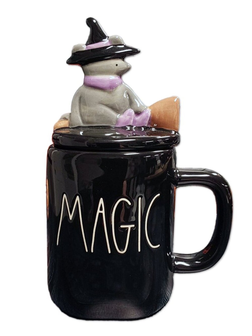 8.5" Black Ceramic MAGIC Mug w/Halloween Witch Mouse Lid - Rae Dunn by MAGENTA